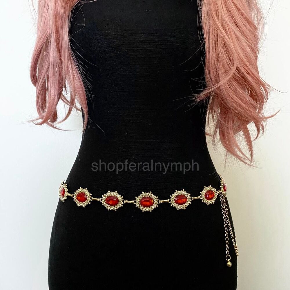 Gold Y2K Red Jewel Whimsygoth Chain Belt, Fits 22.5-45.5 Inches, X7GA1275